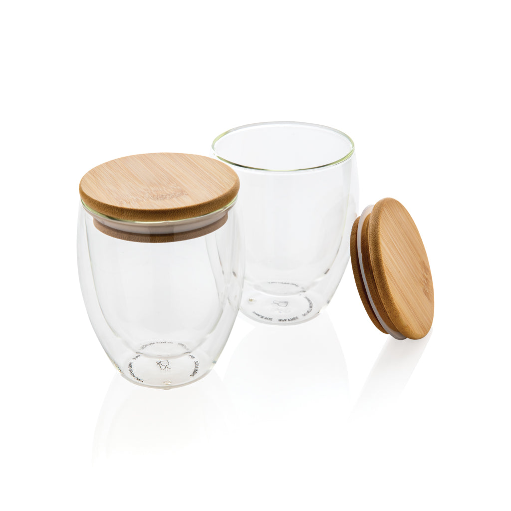 Set von 2 doppelwandigen Gläsern 250ml mit Bambusdeckel zum Personalisieren - Transparent