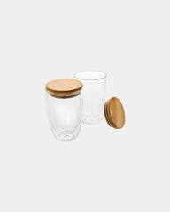 Set 2 Verres doppelwandig 350ml mit Bambusdeckel zum Personalisieren - Transparent
