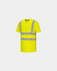 T-Shirt mit V-Ausschnitt und seitlichen Einsätzen zum Personalisieren - Gelb